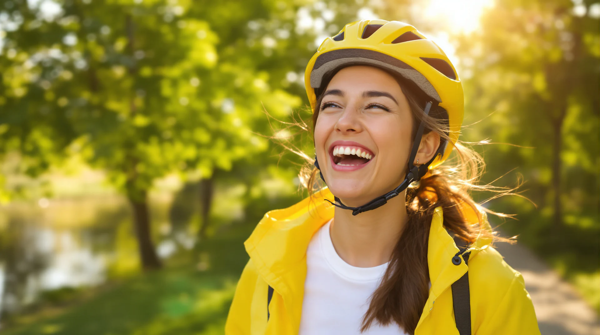 Девушка в жёлтом велошлеме улыбается — прокат VELODRUG.RU